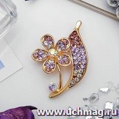 Брошь "Цветок" под листочком, сиреневая в розовом, в золоте