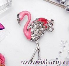 Брошь "Фламинго" с искристым крылом, бело-розовая, в серебре