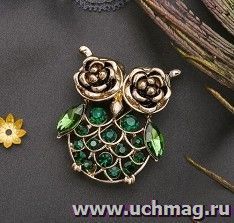 Брошь "Сова лесная", зеленая в золоте