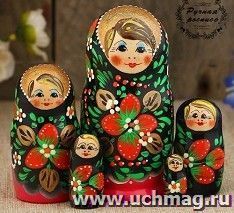 Матрёшка "Хохлома", чёрный платок, красное платье, 5-ти кукольная, 10 см.